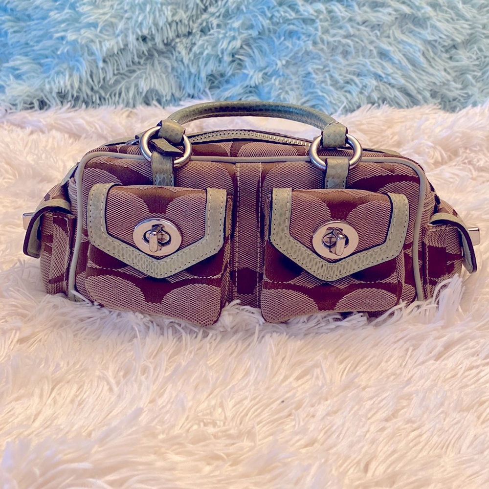 Coach mini tote 10.5inW/4.5inH Teal snakeskin leather trim,lavender satin liner.